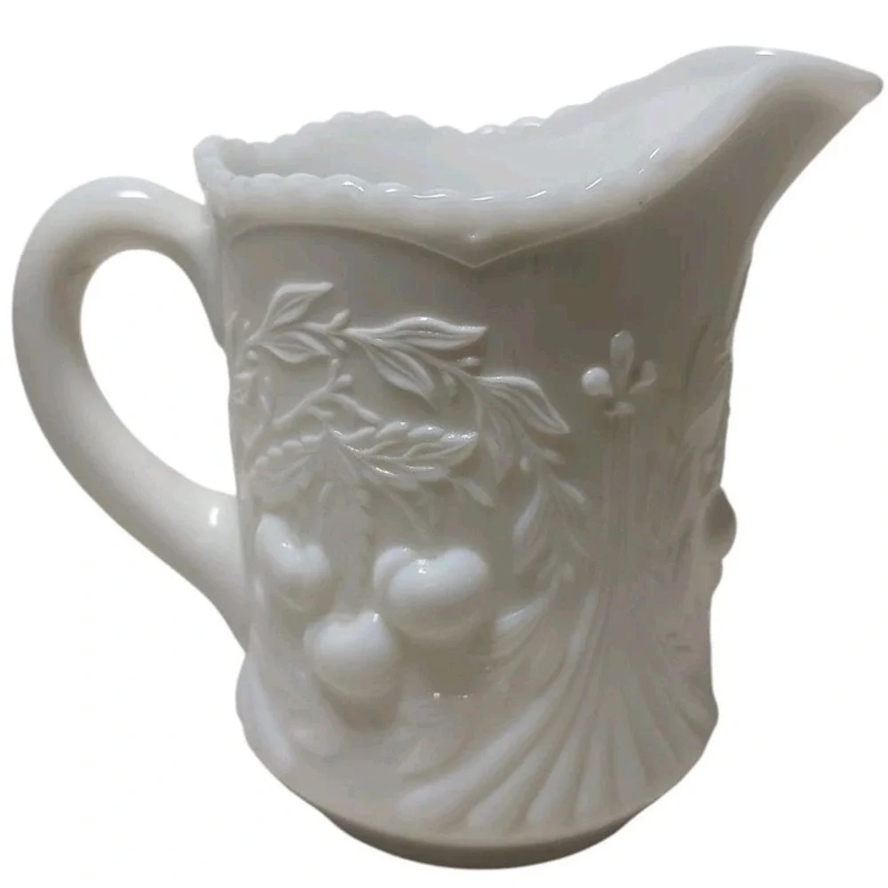 Vintage LG Wright Creamer White Milk‎ Glass Cherries Pattern Glass Pitcher Vase